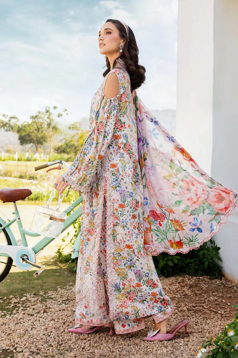 RARE-3PC LAWN PRINTED EMB SHIRT WITH CHIFFON PRINT DUPATTA AND PRINT TROUSER-2505 (DELIVERY AFTER 15 DAYS)