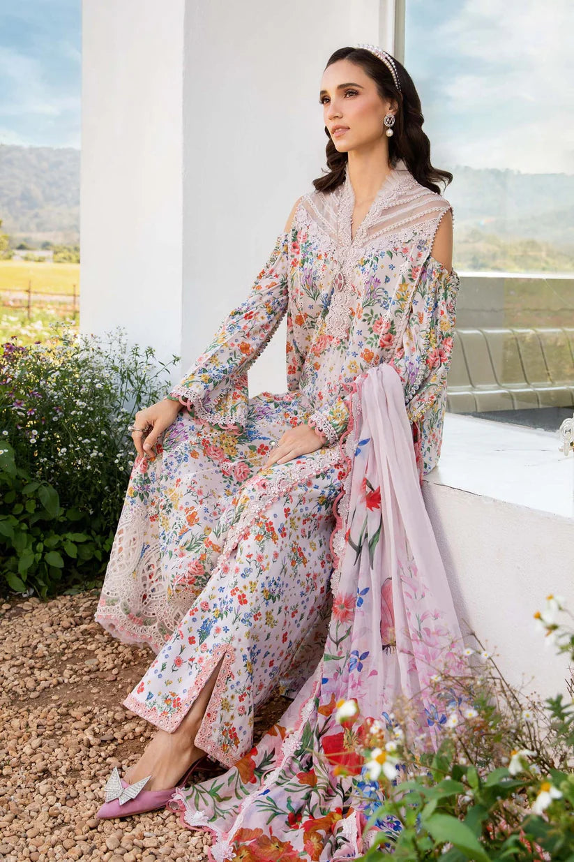 RARE-3PC LAWN PRINTED EMB SHIRT WITH CHIFFON PRINT DUPATTA AND PRINT TROUSER-2505 (DELIVERY AFTER 15 DAYS)