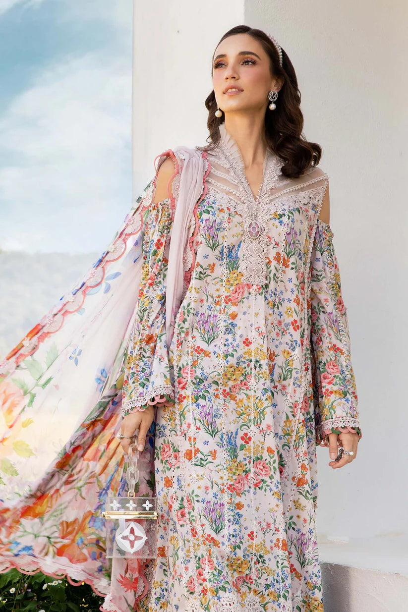 RARE-3PC LAWN PRINTED EMB SHIRT WITH CHIFFON PRINT DUPATTA AND PRINT TROUSER-2505 (DELIVERY AFTER 15 DAYS)