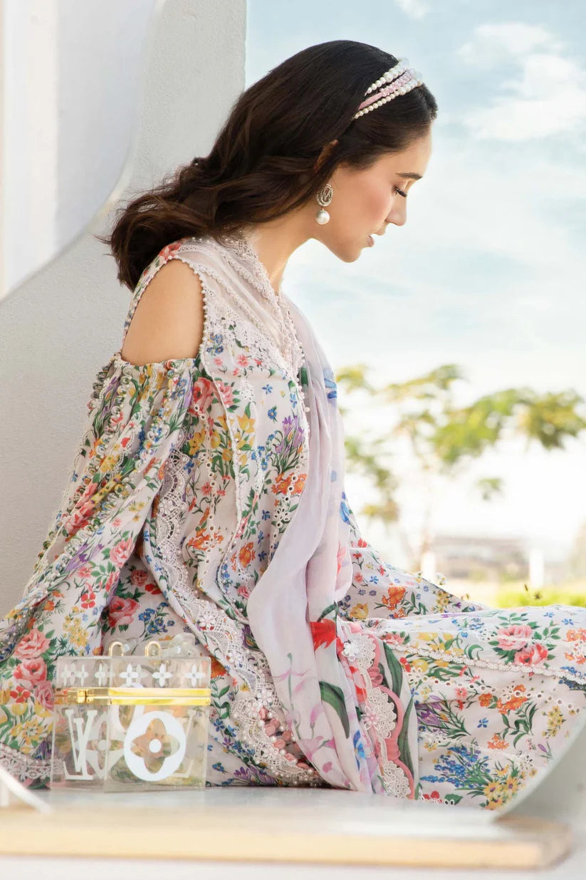 RARE-3PC LAWN PRINTED EMB SHIRT WITH CHIFFON PRINT DUPATTA AND PRINT TROUSER-2505 (DELIVERY AFTER 15 DAYS)