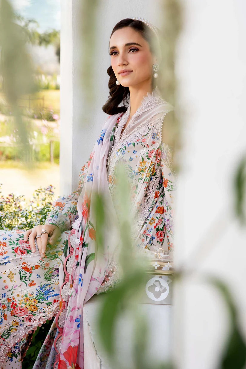 RARE-3PC LAWN PRINTED EMB SHIRT WITH CHIFFON PRINT DUPATTA AND PRINT TROUSER-2505 (DELIVERY AFTER 15 DAYS)