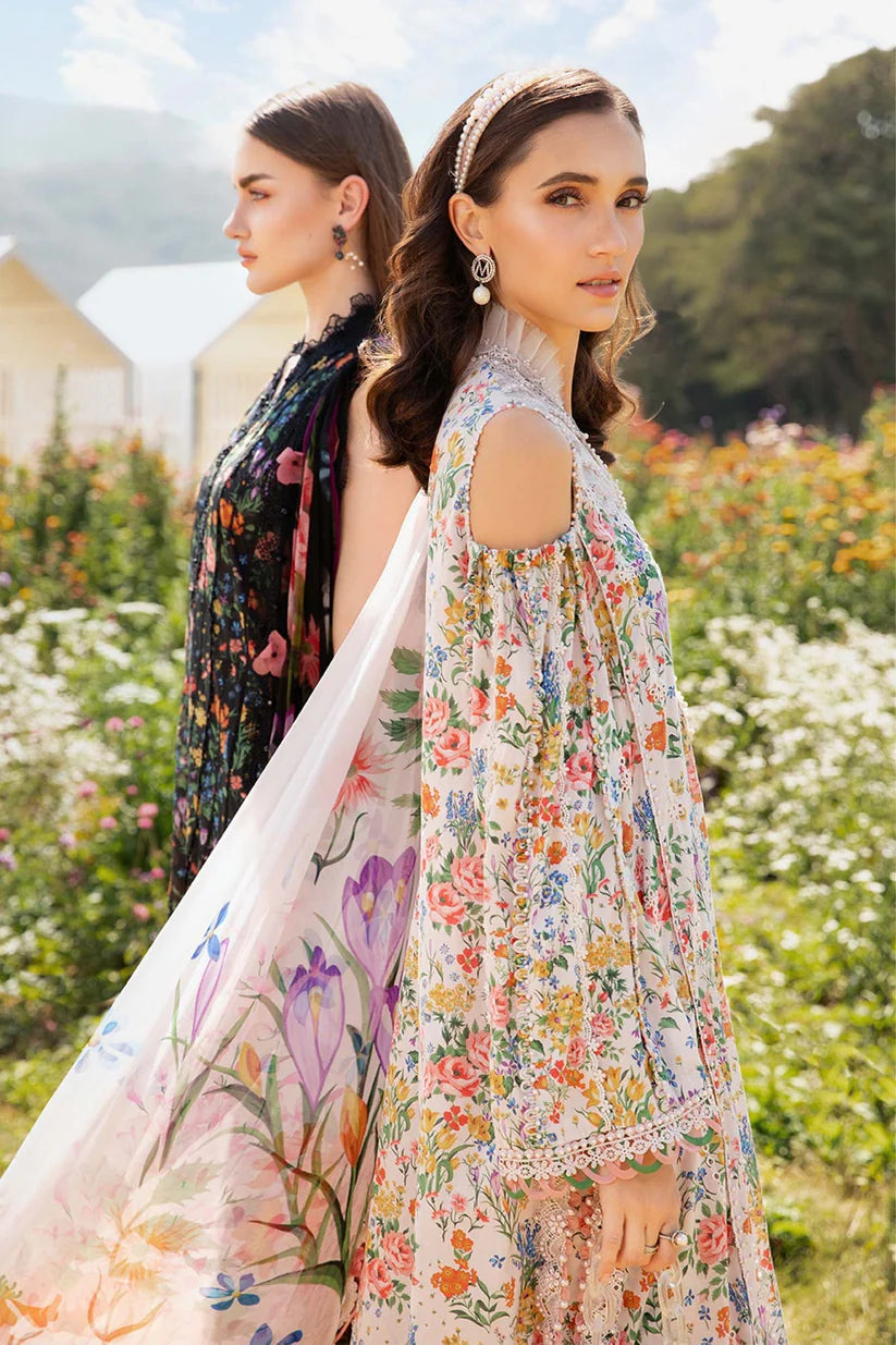 RARE-3PC LAWN PRINTED EMB SHIRT WITH CHIFFON PRINT DUPATTA AND PRINT TROUSER-2505 (DELIVERY AFTER 15 DAYS)