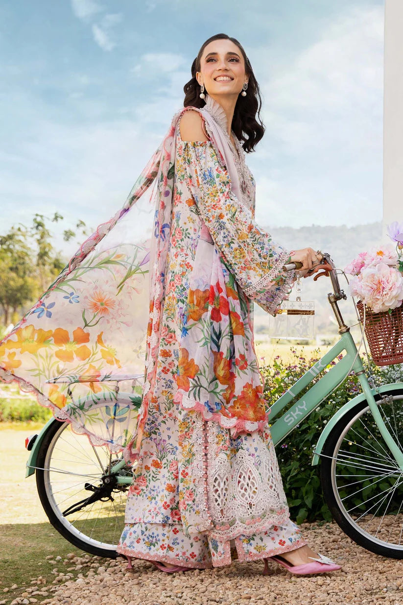 RARE-3PC LAWN PRINTED EMB SHIRT WITH CHIFFON PRINT DUPATTA AND PRINT TROUSER-2505 (DELIVERY AFTER 15 DAYS)