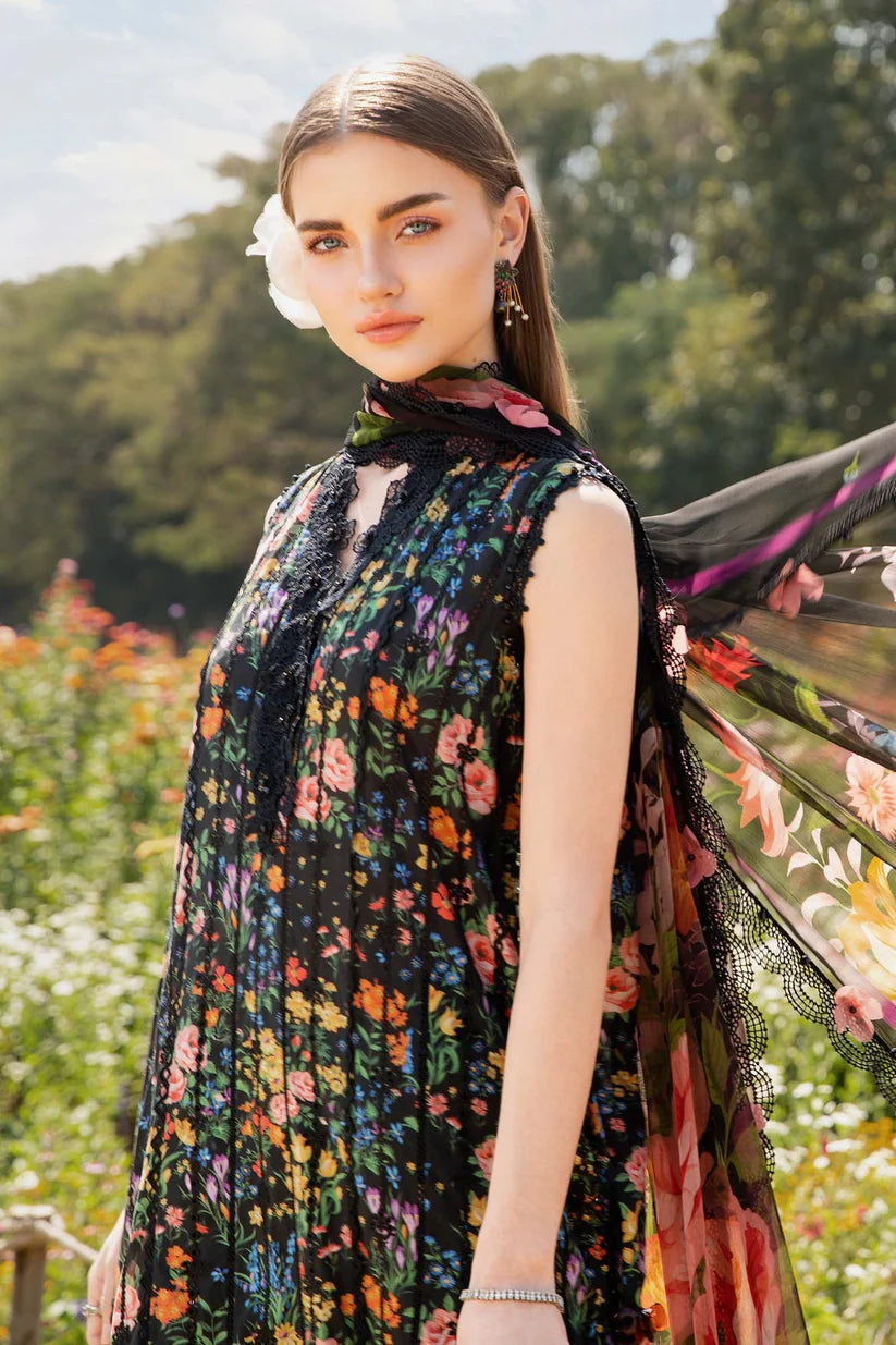 RARE-3PC LAWN PRINTED EMB SHIRT WITH CHIFFON PRINT DUPATTA AND PRINT TROUSER-2504