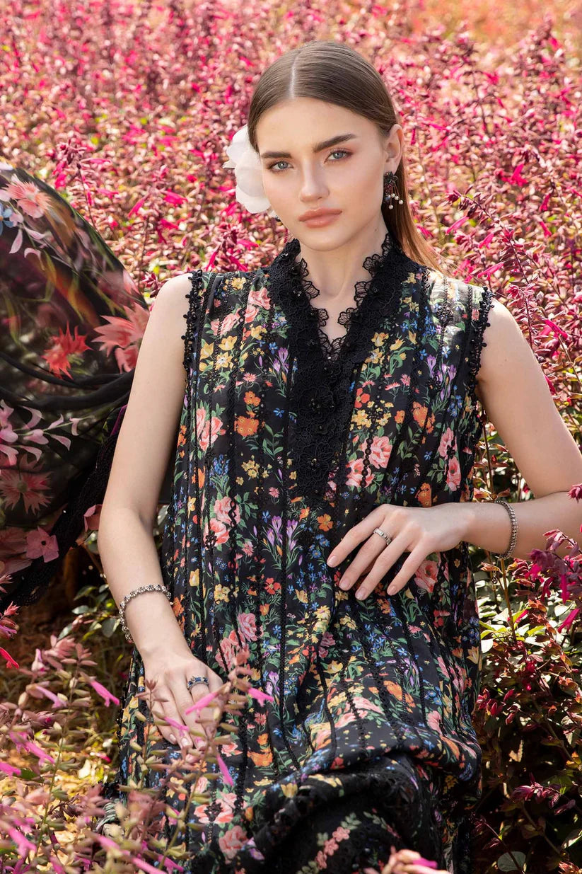 RARE-3PC LAWN PRINTED EMB SHIRT WITH CHIFFON PRINT DUPATTA AND PRINT TROUSER-2504