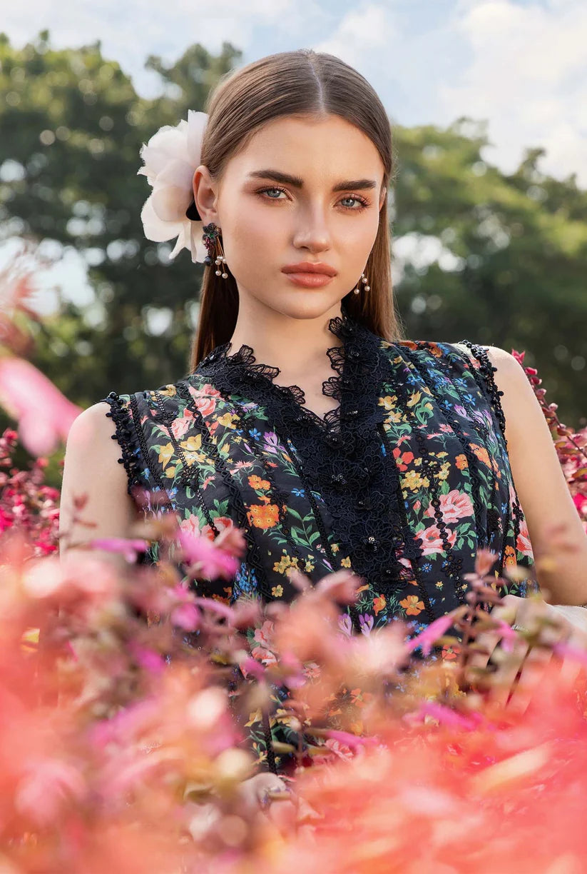 RARE-3PC LAWN PRINTED EMB SHIRT WITH CHIFFON PRINT DUPATTA AND PRINT TROUSER-2504