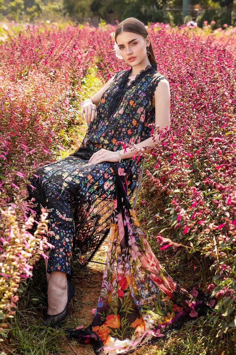 RARE-3PC LAWN PRINTED EMB SHIRT WITH CHIFFON PRINT DUPATTA AND PRINT TROUSER-2504