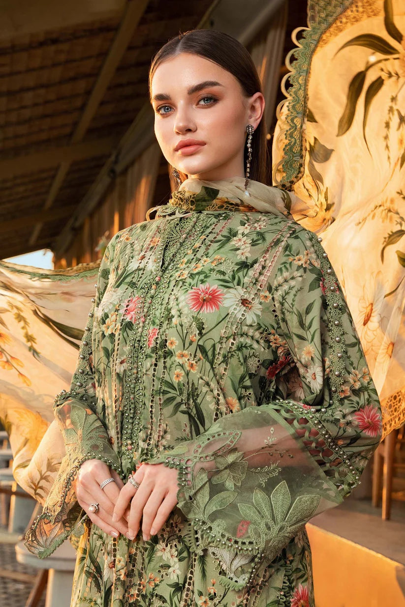 RARE-3PC LAWN PRINTED EMB SHIRT WITH CHIFFON PRINT DUPATTA AND PRINT TROUSER-2506 (DELIVERY AFTER 15 DAYS)