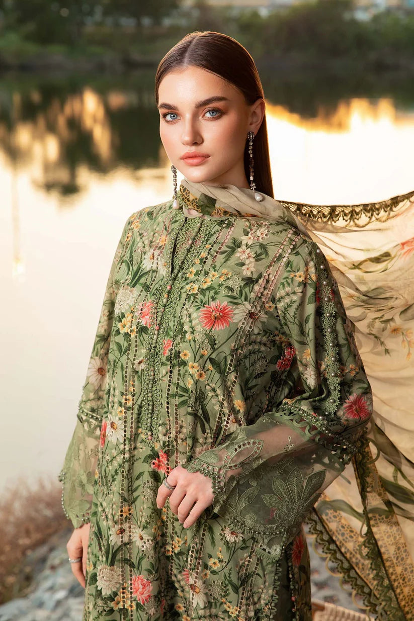 RARE-3PC LAWN PRINTED EMB SHIRT WITH CHIFFON PRINT DUPATTA AND PRINT TROUSER-2506 (DELIVERY AFTER 15 DAYS)