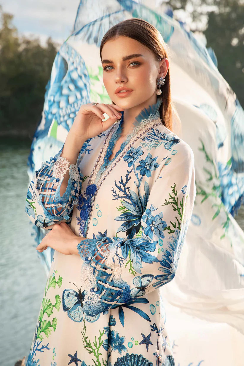 RARE-3PC LAWN EMBROIDERED PRINTED SHIRT WITH CHIFFON PRINT DUPATTA AND PRINT TROUSER-