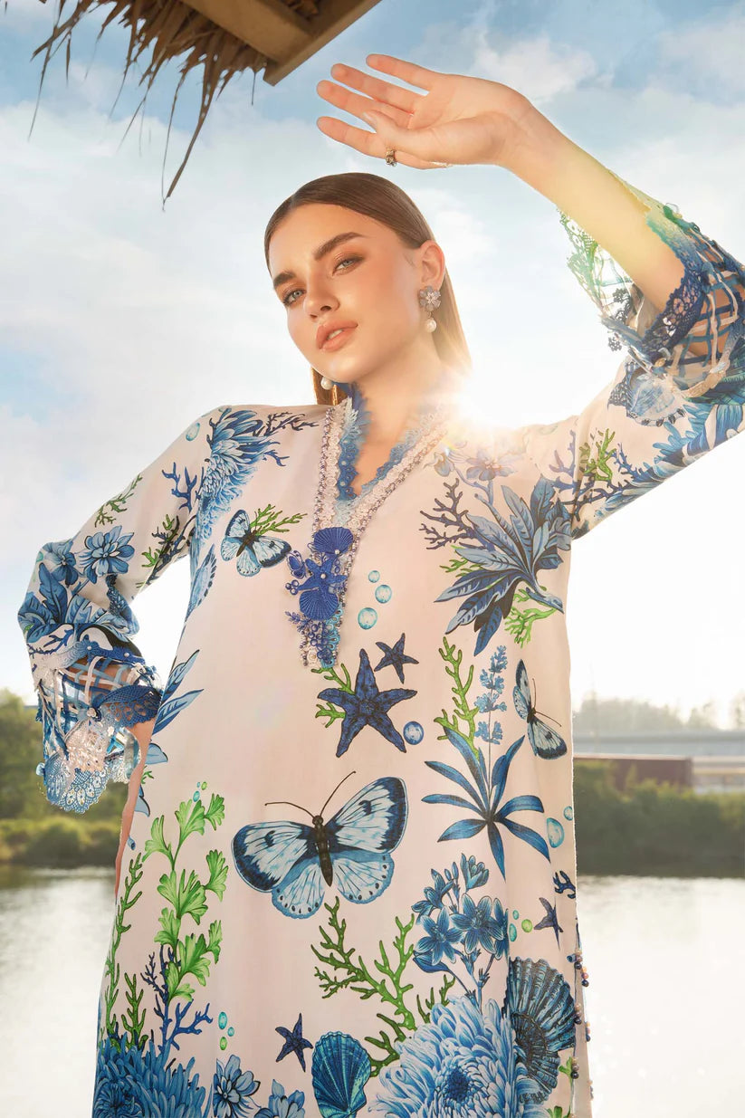 RARE-3PC LAWN EMBROIDERED PRINTED SHIRT WITH CHIFFON PRINT DUPATTA AND PRINT TROUSER-