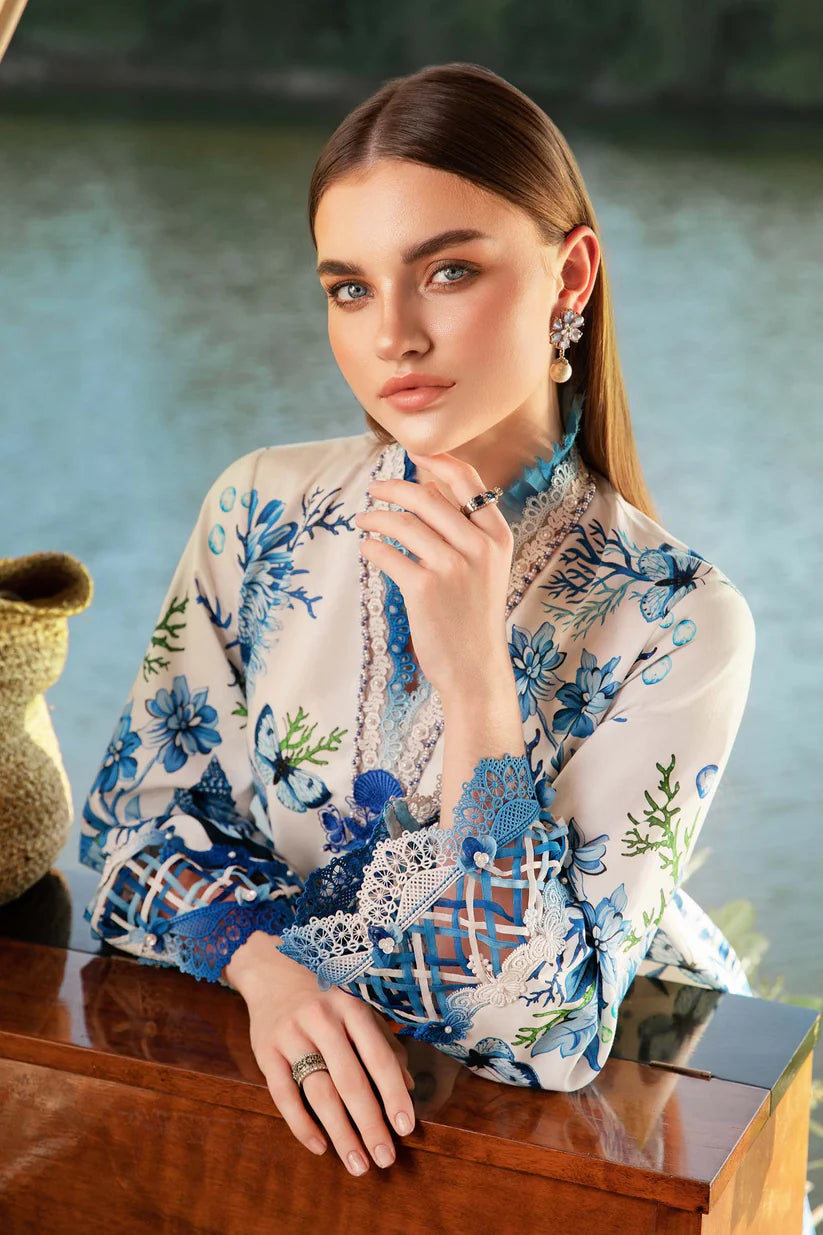 RARE-3PC LAWN EMBROIDERED PRINTED SHIRT WITH CHIFFON PRINT DUPATTA AND PRINT TROUSER-