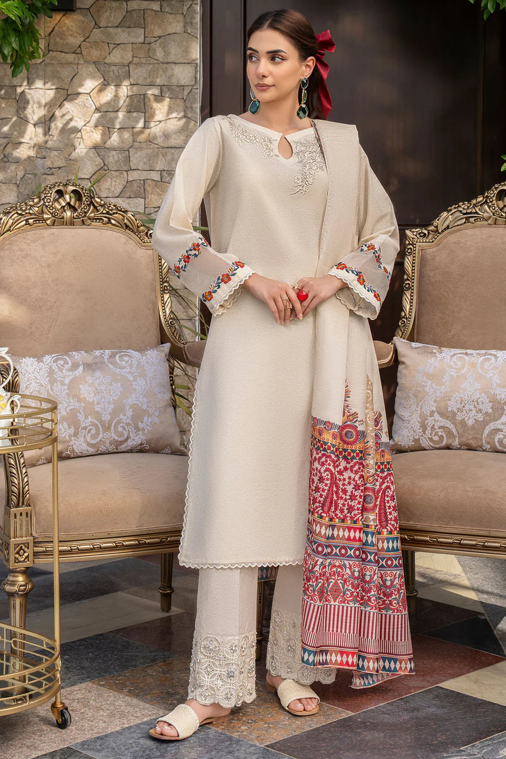 3 Piece Embroidered Dhanak Shirt with Printed Wool Shawl AS-15 main image 1