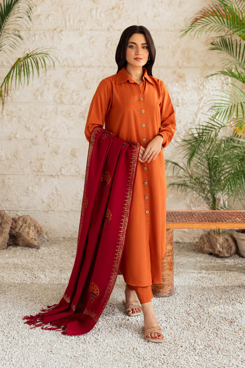 3 Piece Dhanak Shirt with Printed Wool Shawl AG-1115