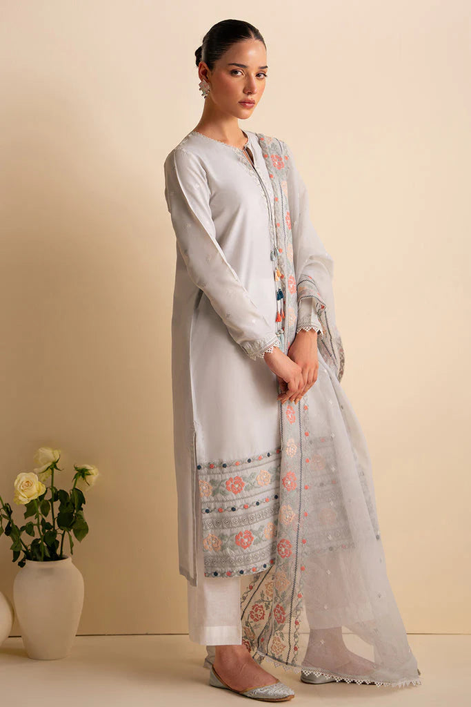 RARE-3PC DHANAK EMBROIDERED SHIRT WITH ORGANZA EMBROIDRED DUPATTA AND TROUSER-3205