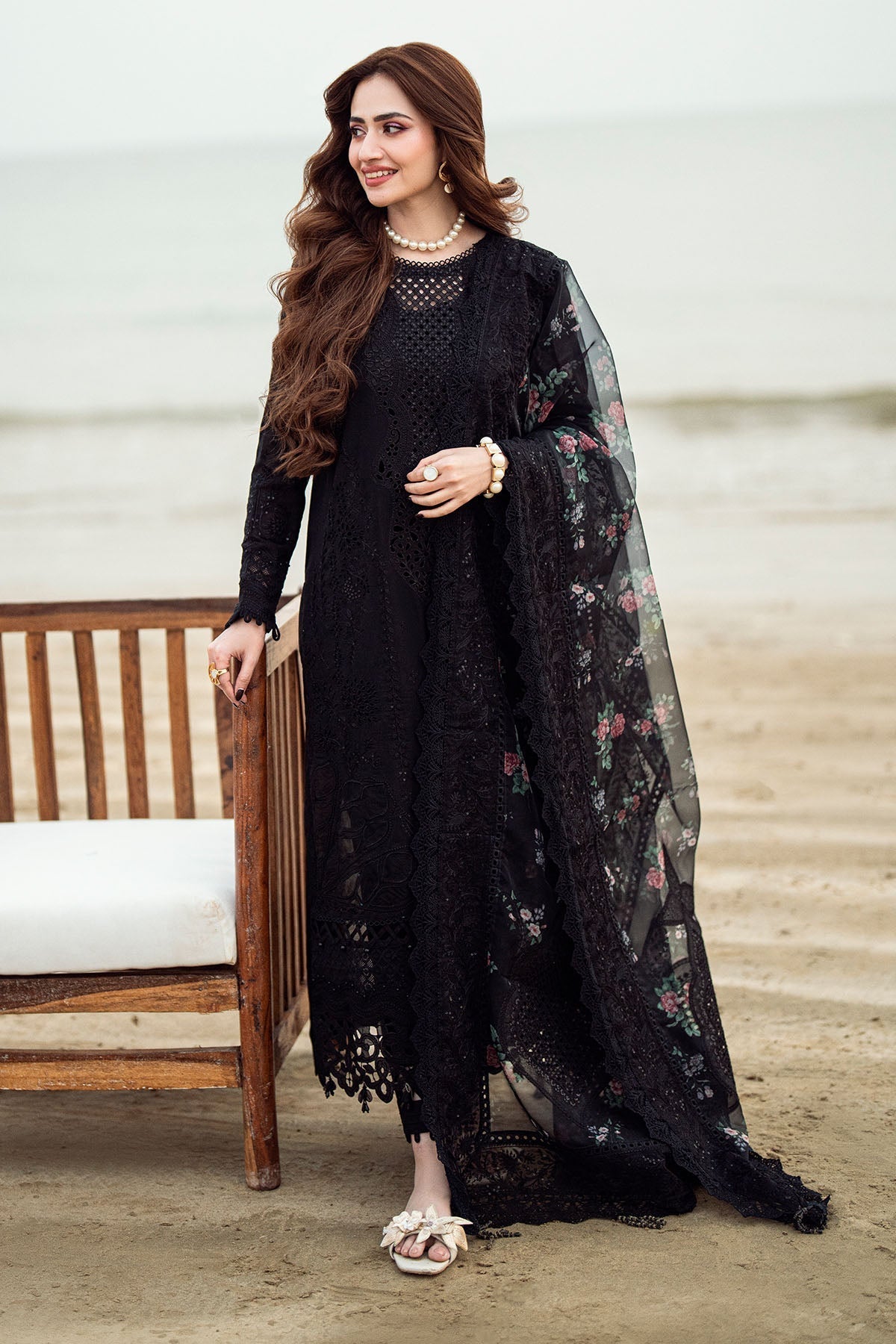 RARE-3PC LAWN CHIKENKARI LASER EMBROIDERED SHIRT WITH ORGANZA EMBROIDERED PRINT DUPATTA-3667-EID FESTIVE
