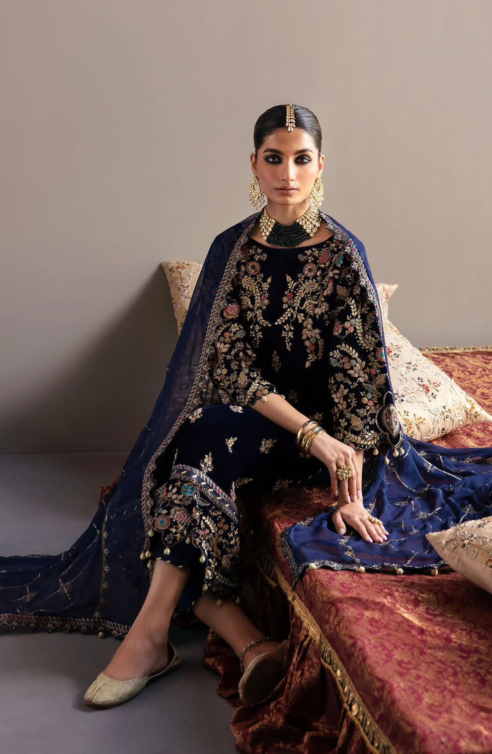RARE-VELVET 3PC-SEQUENCE EMBROIDERED WORK SHIRT WITH CHIFFON HEAVY SEQUANCE EMBROIDERED DUPATTA -D-1- MICRO 9000 VELVET