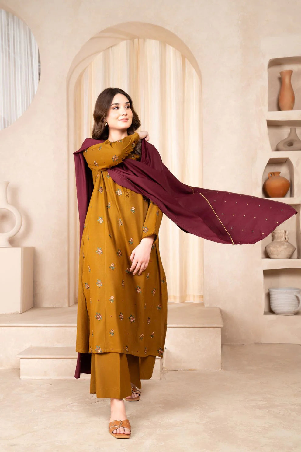 RARE- 3PC DHANAK EMBROIDERED SHIRT DHANAK EMBROIDERED DUPATTA AND TROUSER-3307