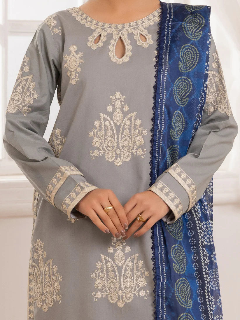 RARE-3PC LAWN EMBROIDERED SHIRT WITH MONARK PRINTED DUPATTA AND TROUSER-3741