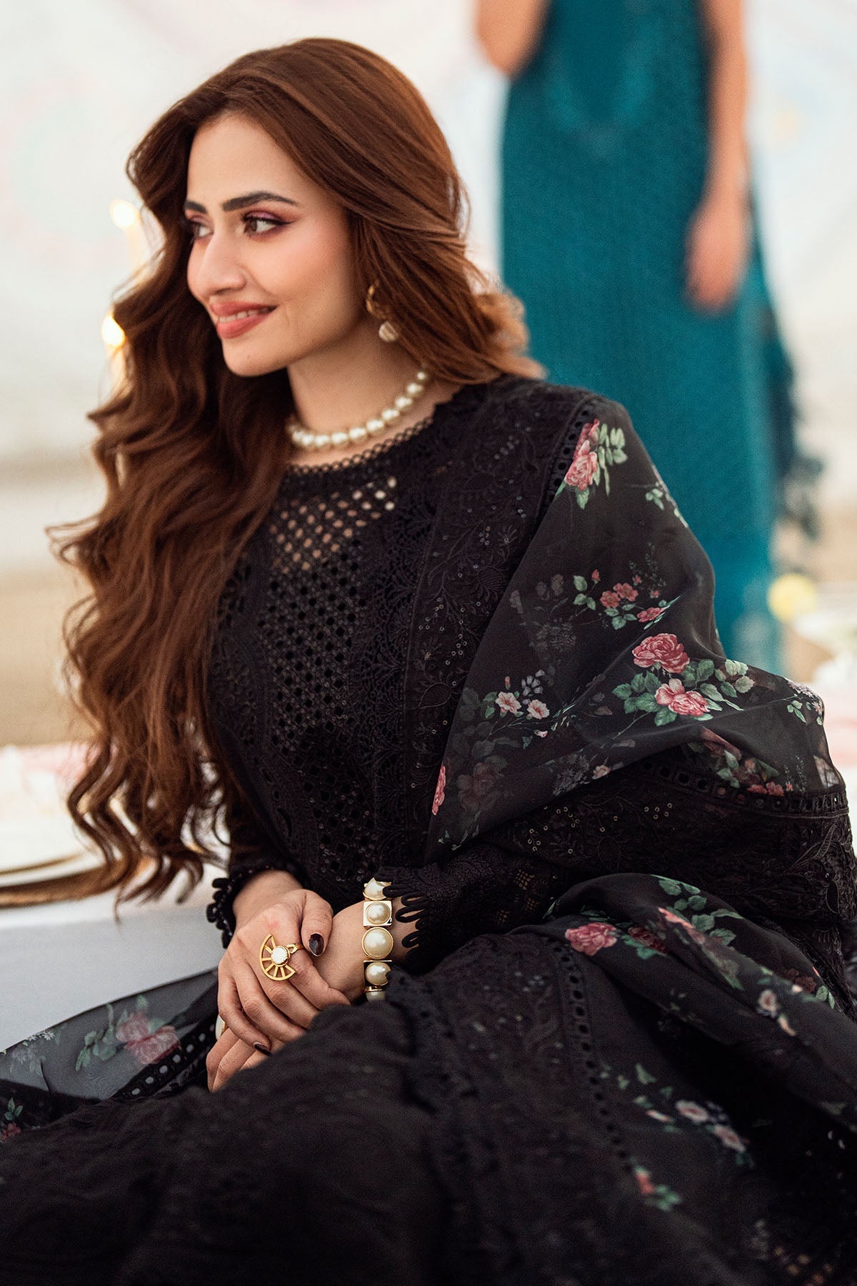 RARE-3PC LAWN CHIKENKARI LASER EMBROIDERED SHIRT WITH ORGANZA EMBROIDERED PRINT DUPATTA-3667-EID FESTIVE