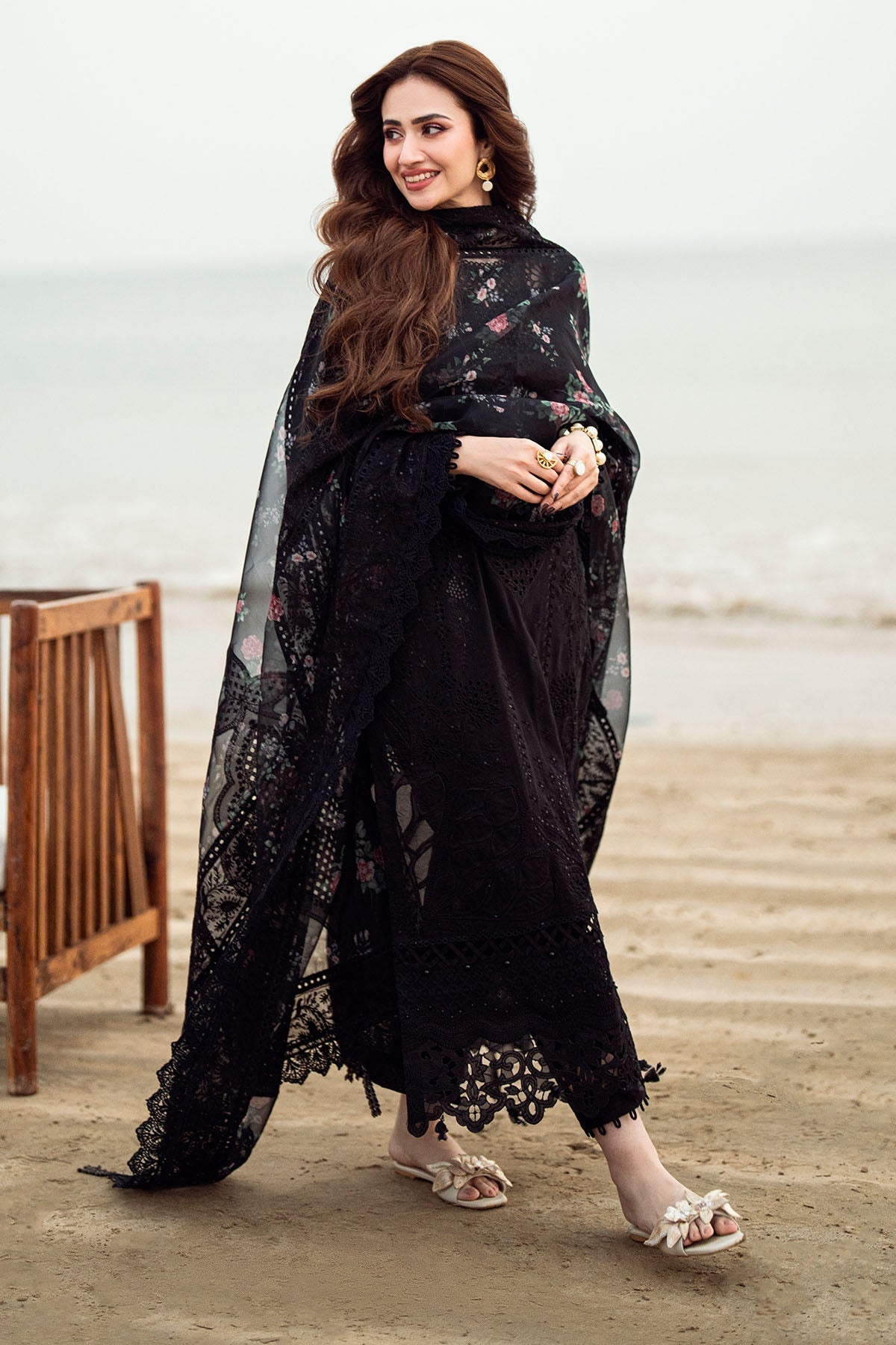 RARE-3PC LAWN CHIKENKARI LASER EMBROIDERED SHIRT WITH ORGANZA EMBROIDERED PRINT DUPATTA-3667-EID FESTIVE
