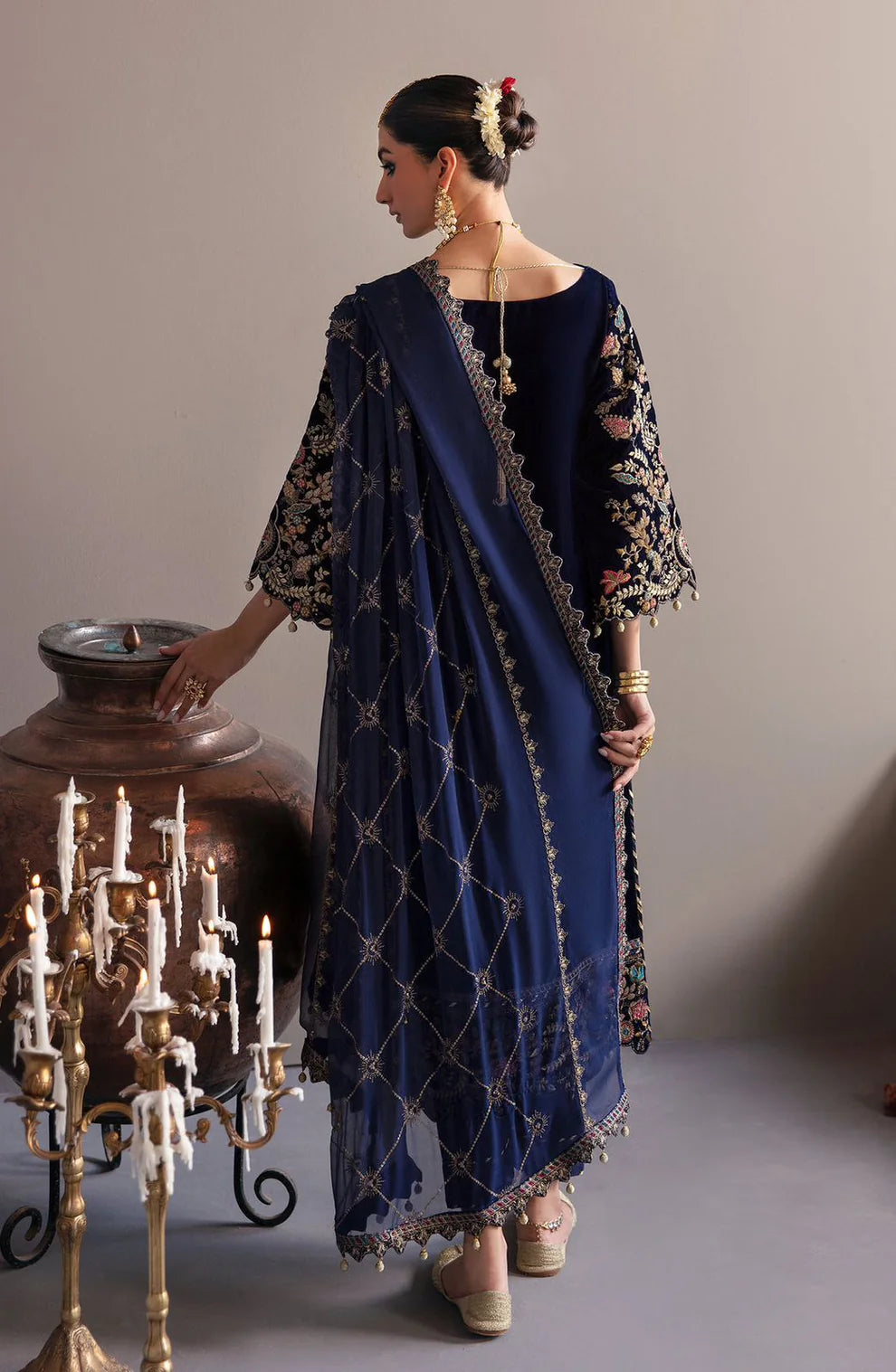 RARE-VELVET 3PC-SEQUENCE EMBROIDERED WORK SHIRT WITH CHIFFON HEAVY SEQUANCE EMBROIDERED DUPATTA -D-1- MICRO 9000 VELVET
