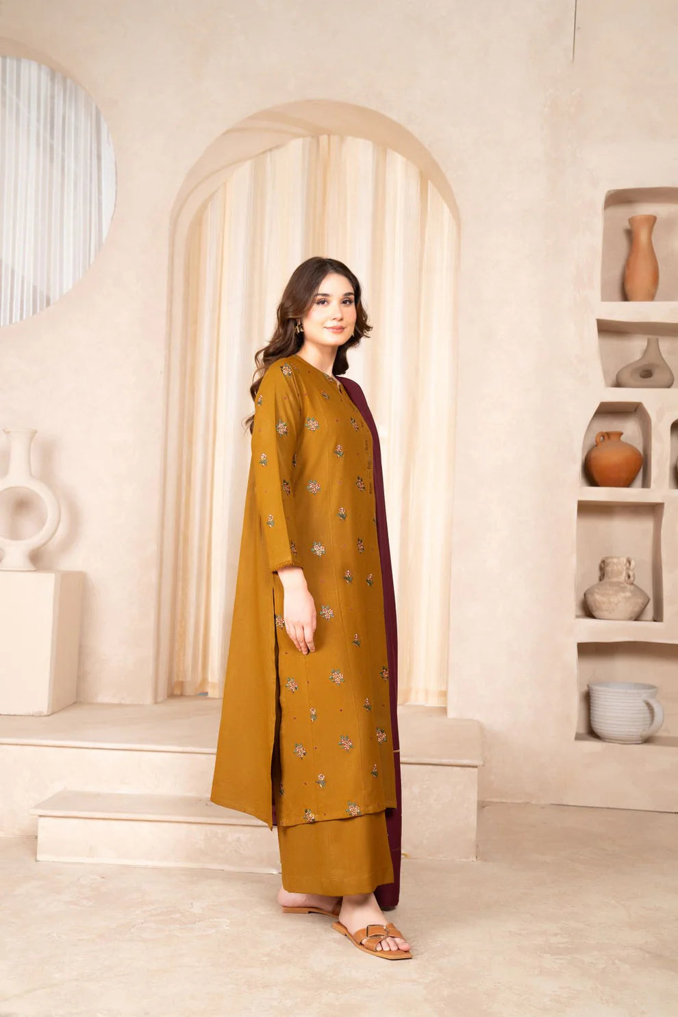RARE- 3PC DHANAK EMBROIDERED SHIRT DHANAK EMBROIDERED DUPATTA AND TROUSER-3307