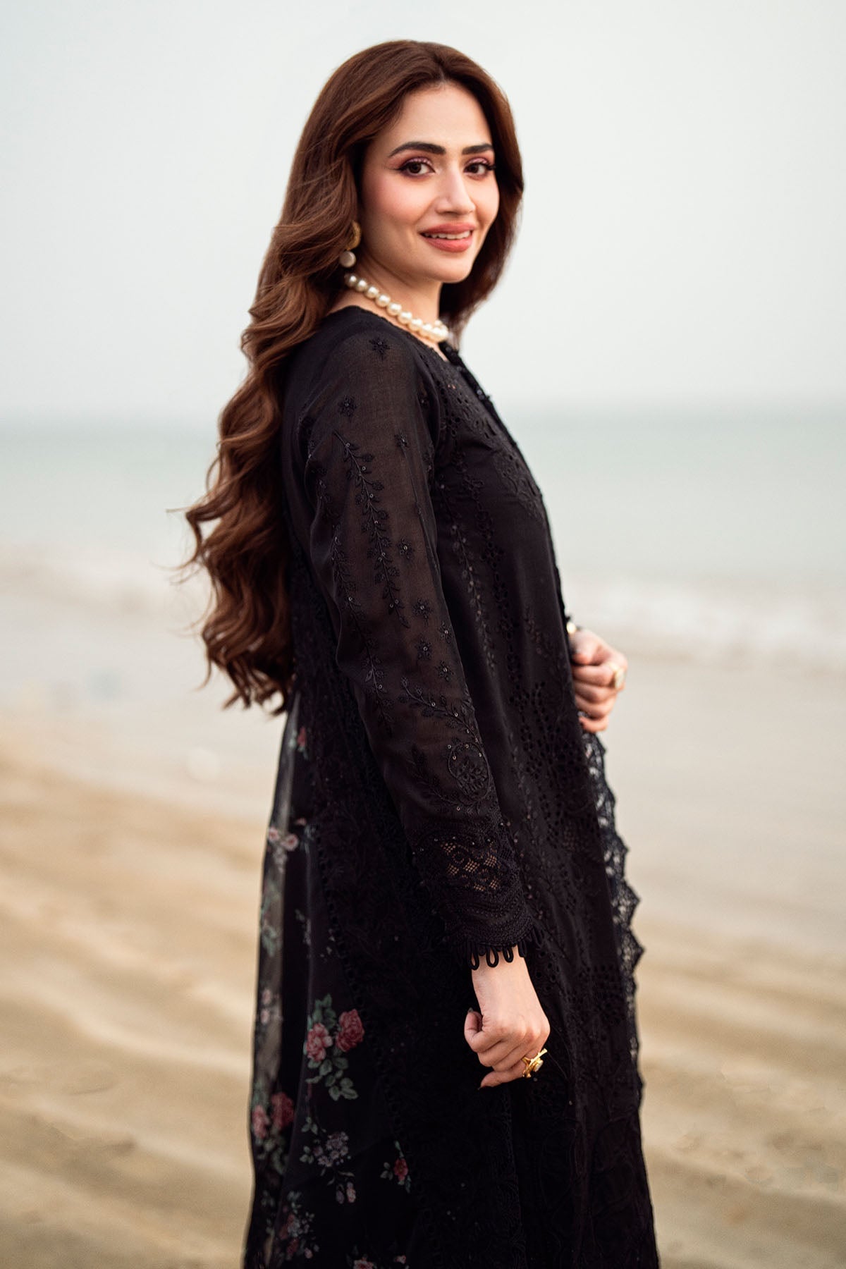 RARE-3PC LAWN CHIKENKARI LASER EMBROIDERED SHIRT WITH ORGANZA EMBROIDERED PRINT DUPATTA-3667-EID FESTIVE