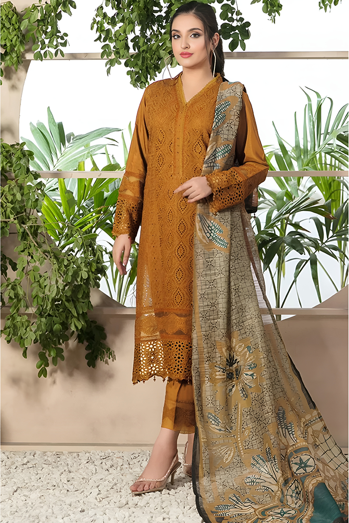 RARE-3PC CHIKENKARI LAWN EMBROIDERED SHIRT WITH MONARK PRINT DUPATTA & TROUSER-ADR-4052 MUSTERD