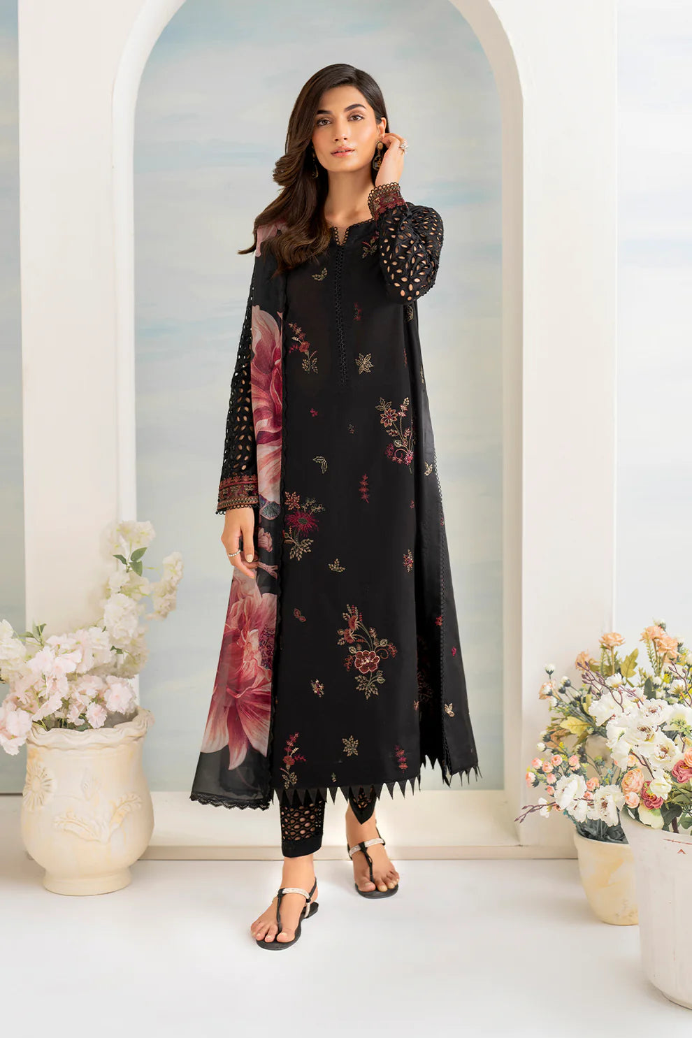 RARE- 3PC LAWN EMBROIDERED SHIRT WITH MONARK PRINT DUPATTA AND EMB TROUSER-3502