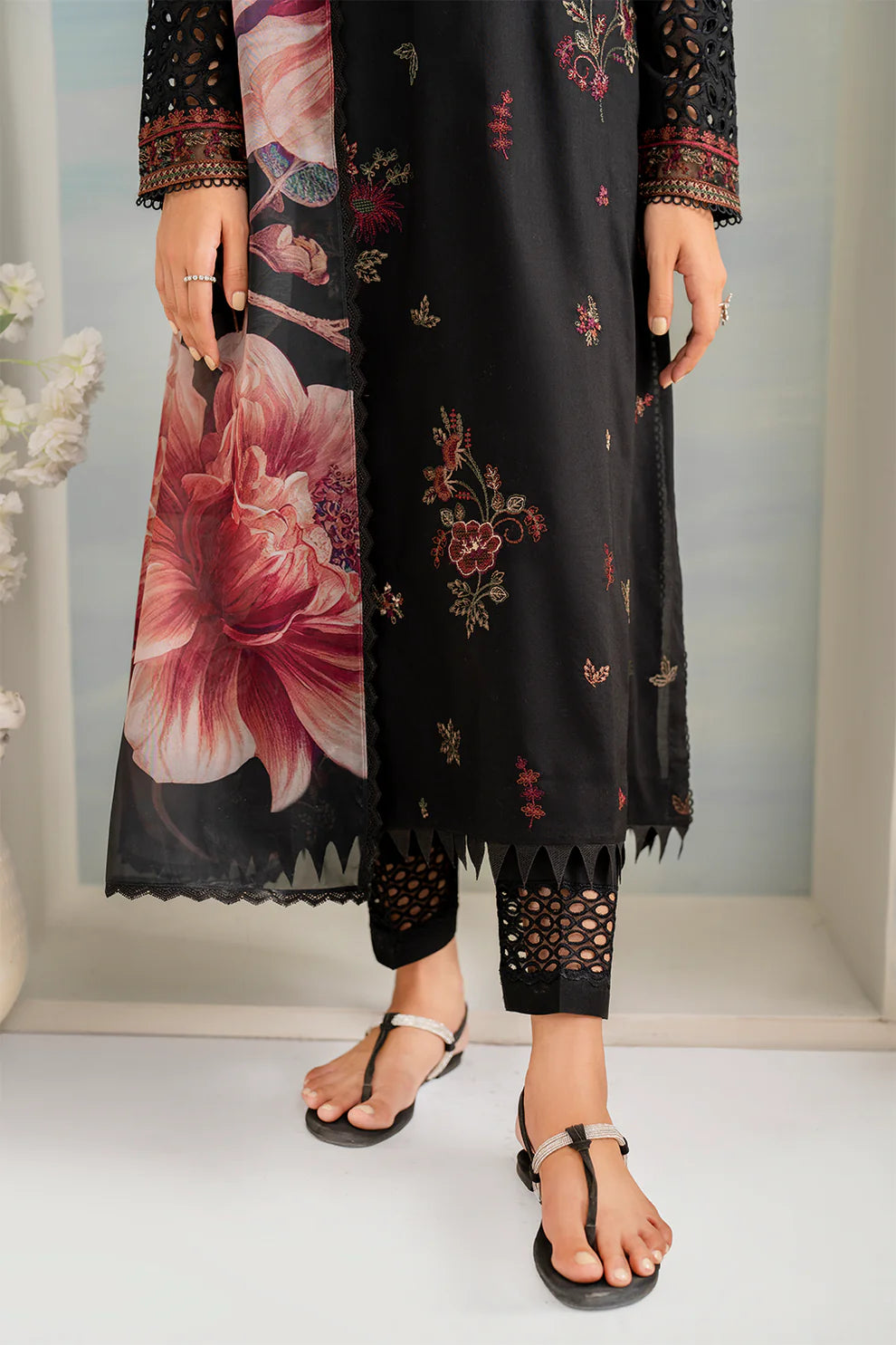 RARE- 3PC LAWN EMBROIDERED SHIRT WITH MONARK PRINT DUPATTA AND EMB TROUSER-3502
