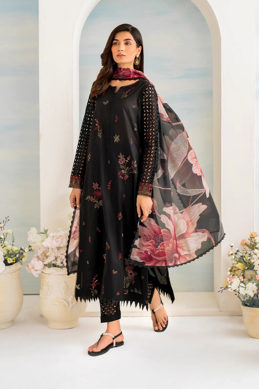 RARE- 3PC LAWN EMBROIDERED SHIRT WITH MONARK PRINT DUPATTA AND EMB TROUSER-3502