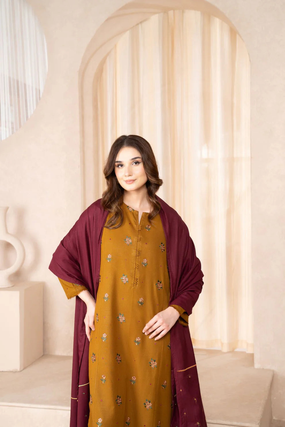 RARE- 3PC DHANAK EMBROIDERED SHIRT DHANAK EMBROIDERED DUPATTA AND TROUSER-3307