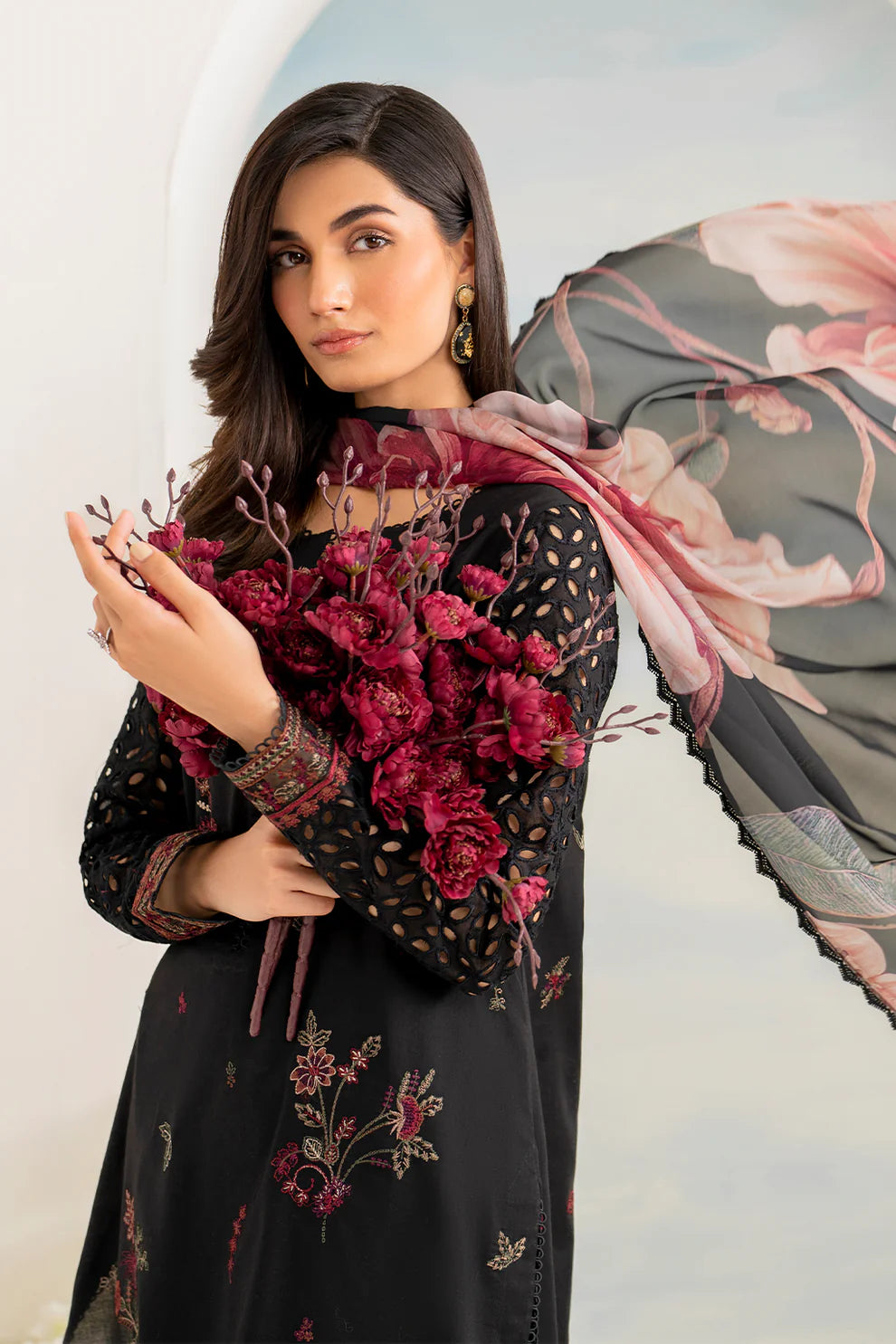 RARE- 3PC LAWN EMBROIDERED SHIRT WITH MONARK PRINT DUPATTA AND EMB TROUSER-3502