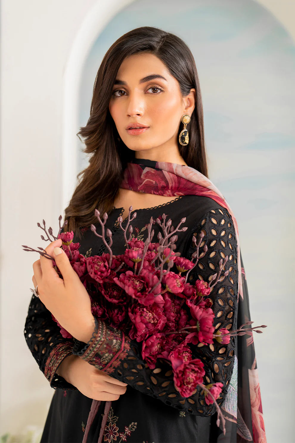 RARE- 3PC LAWN EMBROIDERED SHIRT WITH MONARK PRINT DUPATTA AND EMB TROUSER-3502