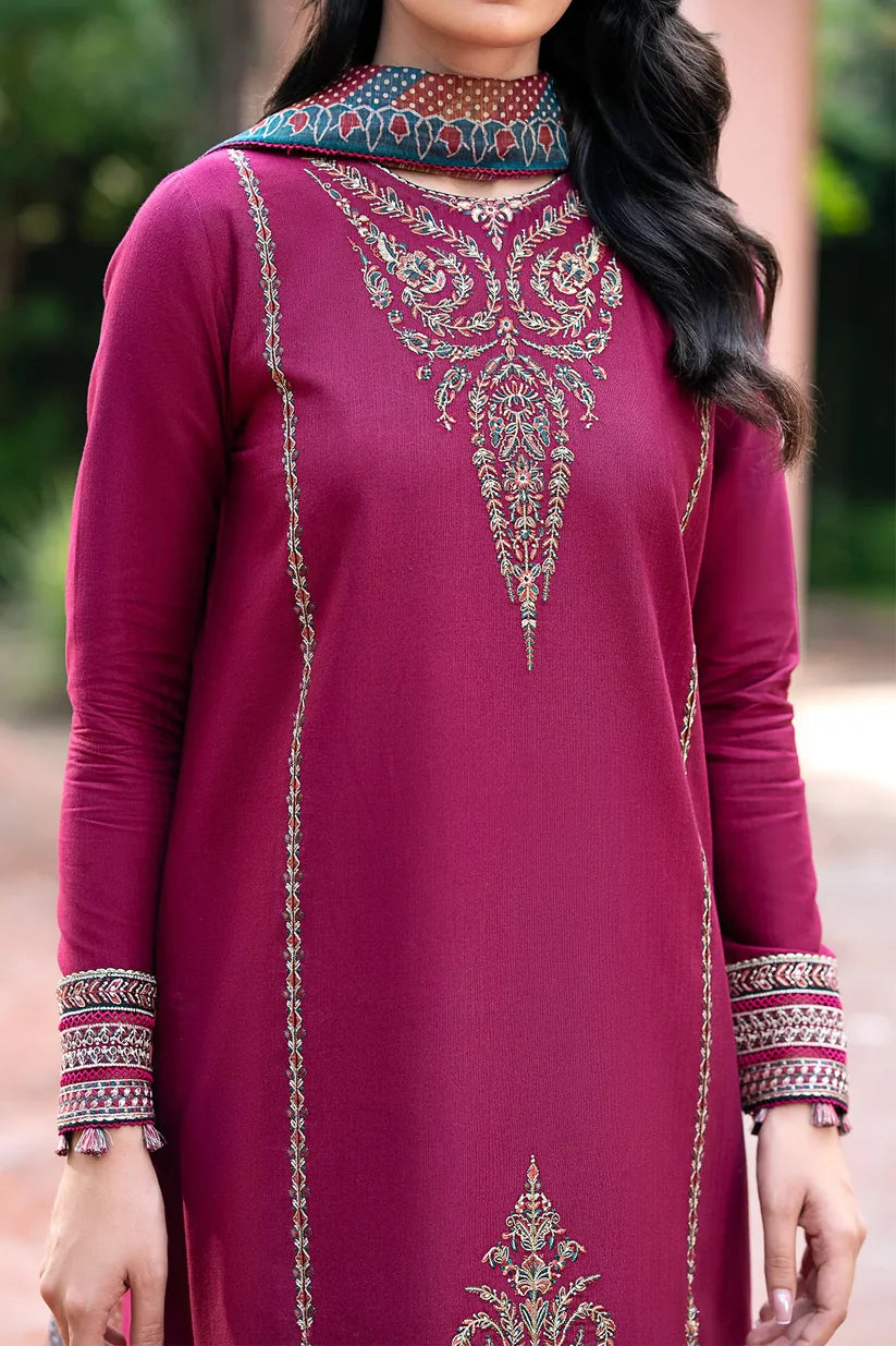 RARE- 3PC DHANAK EMBROIDERED SHIRT WITH WOOL PRINTED SHAWL & TROUSER -3396
