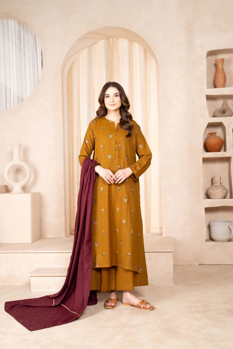 RARE- 3PC DHANAK EMBROIDERED SHIRT DHANAK EMBROIDERED DUPATTA AND TROUSER-3307