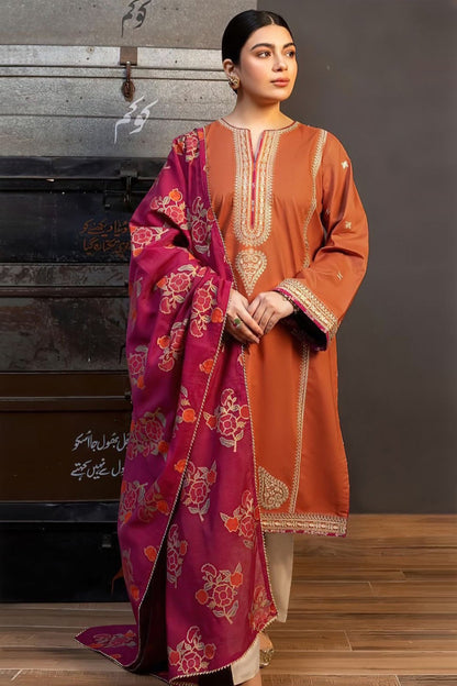 RARE.3PC LAWN EMBROIDERED SHIRT WITH MONARK PRINT DUPATTA AND TROUSER-3626