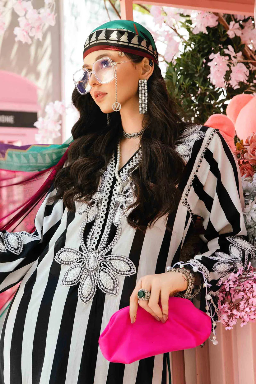 RARE-3PC LAWN EMBROIDERED PRINTED SHIRT WITH CHIFFON PRINT DUPATTA AND PRINT TROUSER-