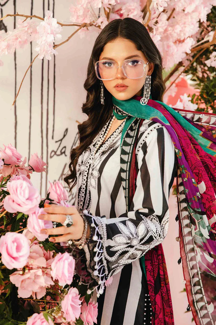RARE-3PC LAWN EMBROIDERED PRINTED SHIRT WITH CHIFFON PRINT DUPATTA AND PRINT TROUSER-