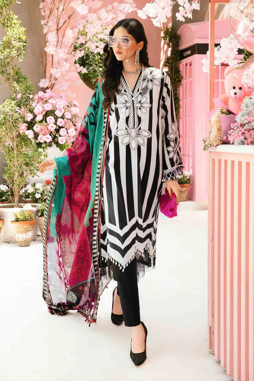 RARE-3PC LAWN EMBROIDERED PRINTED SHIRT WITH CHIFFON PRINT DUPATTA AND PRINT TROUSER-