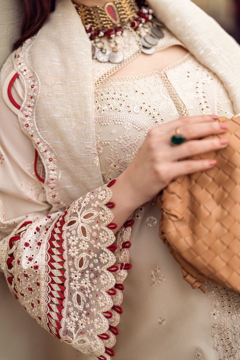 RARE-3PC CHIKANKAARI LAWN CUTWORK EMBROIDERED SHIRT WITH MANAAR EMBROIDERED CUTWORK DUPATTA AND TROUSER-3654