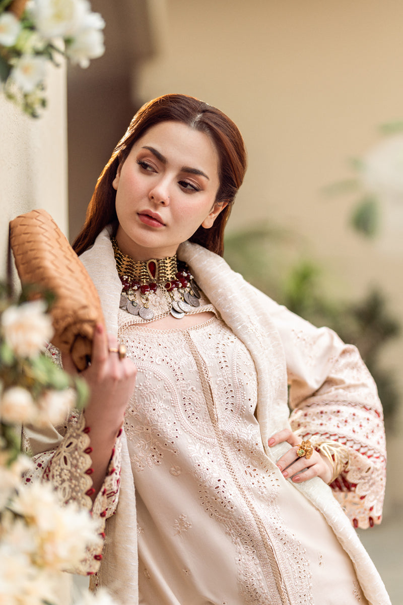 RARE-3PC CHIKANKAARI LAWN CUTWORK EMBROIDERED SHIRT WITH MANAAR EMBROIDERED CUTWORK DUPATTA AND TROUSER-3654