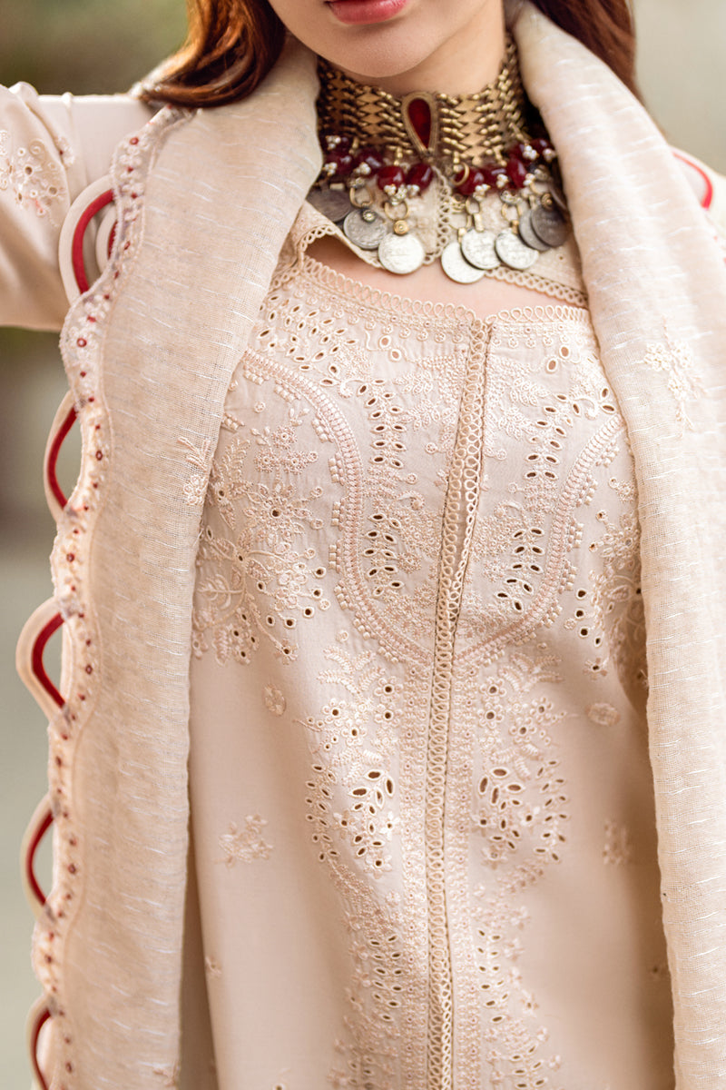 RARE-3PC CHIKANKAARI LAWN CUTWORK EMBROIDERED SHIRT WITH MANAAR EMBROIDERED CUTWORK DUPATTA AND TROUSER-3654