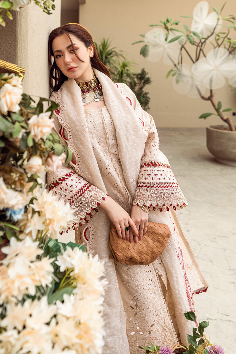 RARE-3PC CHIKANKAARI LAWN CUTWORK EMBROIDERED SHIRT WITH MANAAR EMBROIDERED CUTWORK DUPATTA AND TROUSER-3654