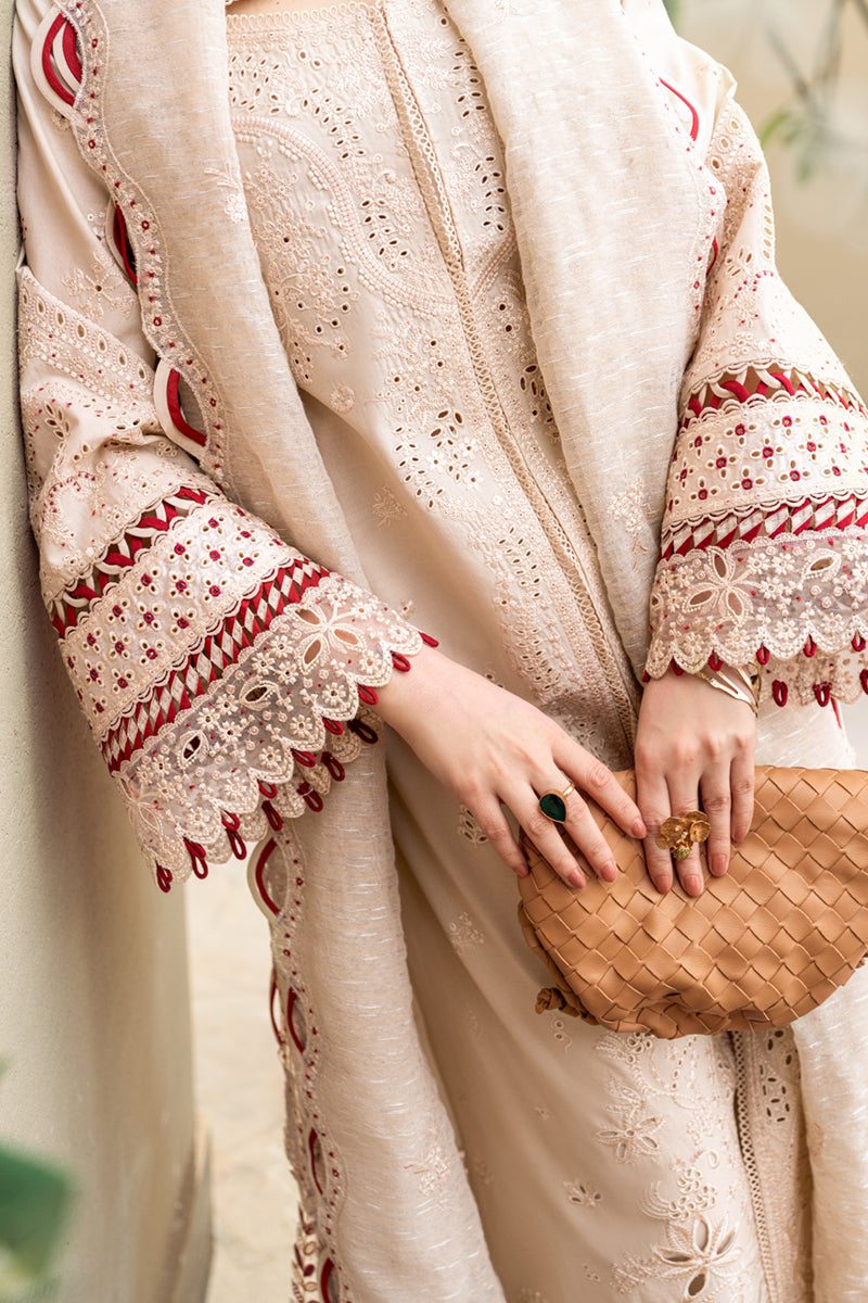 RARE-3PC CHIKANKAARI LAWN CUTWORK EMBROIDERED SHIRT WITH MANAAR EMBROIDERED CUTWORK DUPATTA AND TROUSER-3654