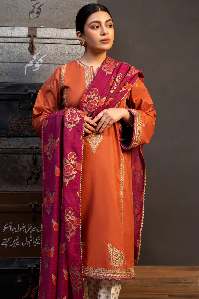 RARE.3PC LAWN EMBROIDERED SHIRT WITH MONARK PRINT DUPATTA AND TROUSER-3626