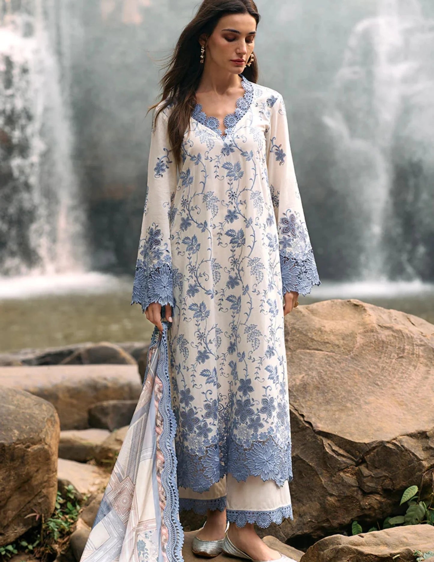 RARE-3PC LAWN EMBROIDERED SHIRT WITH MONARK PRINT DUPATTA & LAWN TROUSER-3597