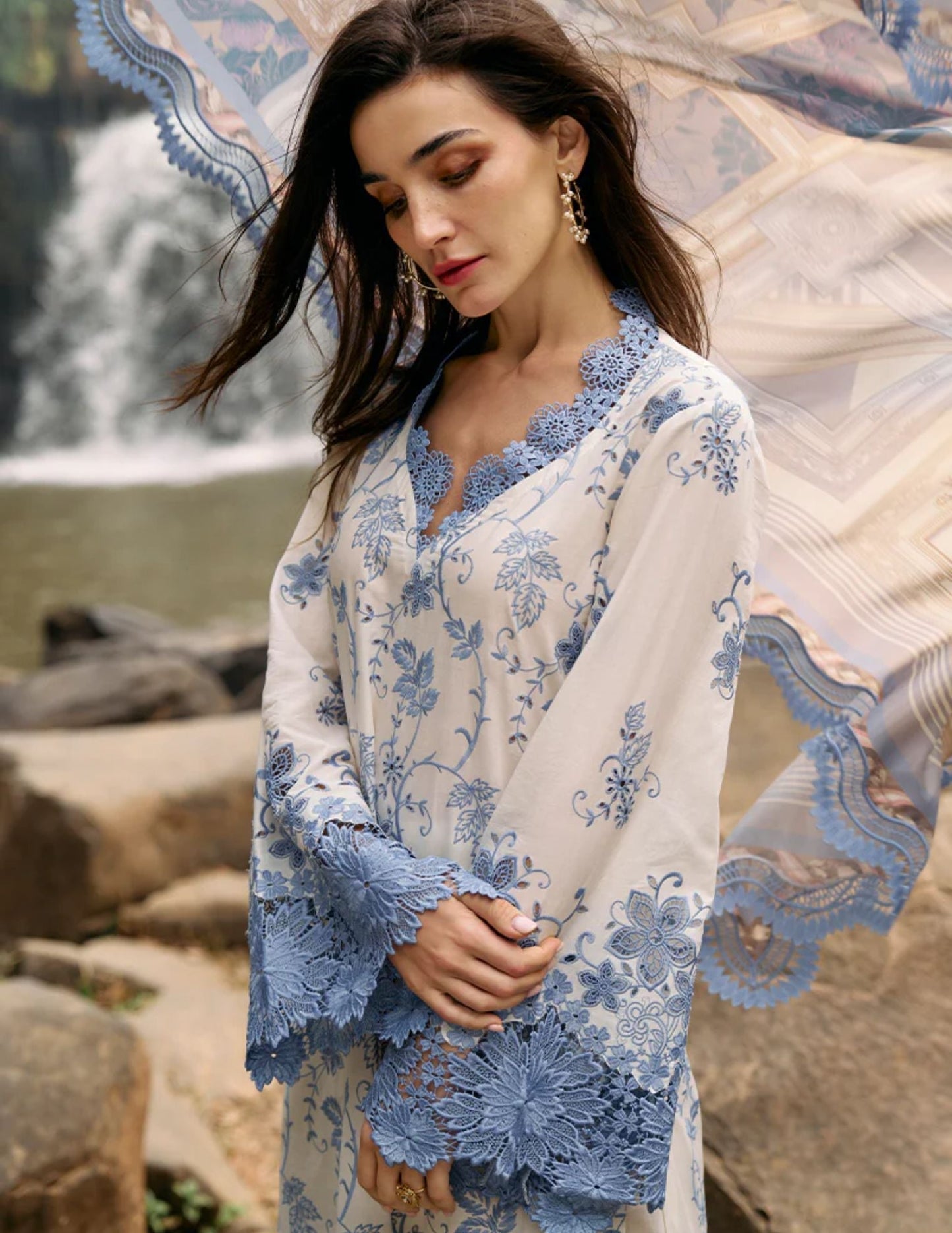 RARE-3PC LAWN EMBROIDERED SHIRT WITH MONARK PRINT DUPATTA & LAWN TROUSER-3597