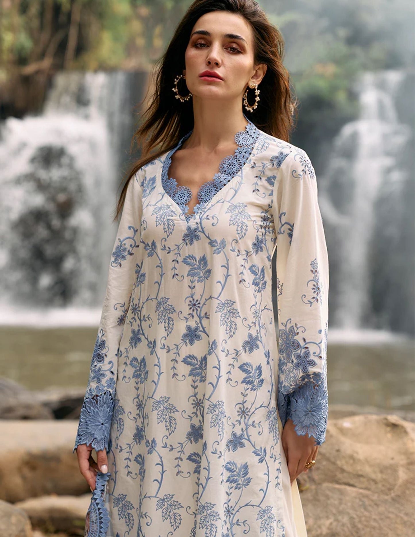 RARE-3PC LAWN EMBROIDERED SHIRT WITH MONARK PRINT DUPATTA & LAWN TROUSER-3597